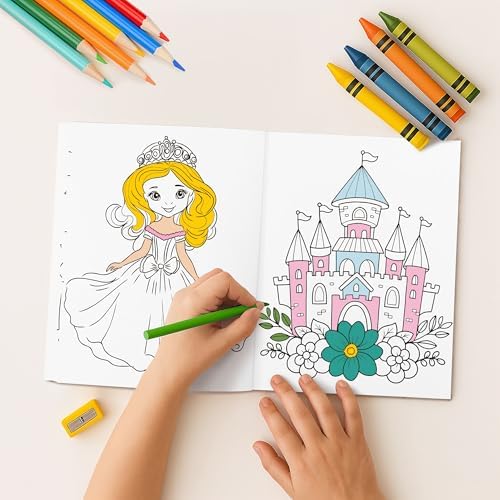 ZICOTO princess unicorn and mermaid coloring books being colored with crayons by a child