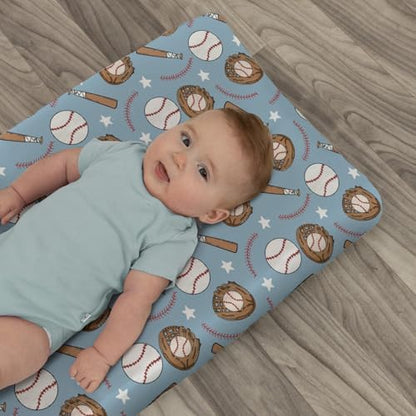 Sports themed nursery decor with blue baseball changing pad cover