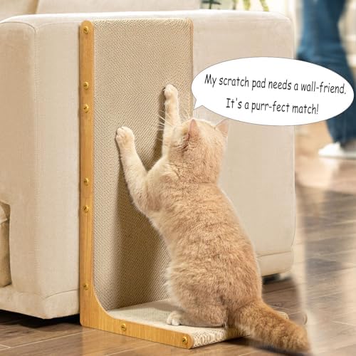Domestic cat stretching and clawing upwards on the Conlun vertical scratcher