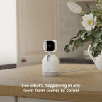 White smart CCTV camera showing the lens and motion detection sensors