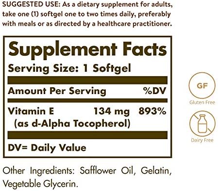 Solgar Vitamin E 134 mg supplement facts and ingredients label
