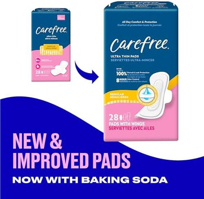Side view of Carefree 28 count regular pads showing ultra thin profile