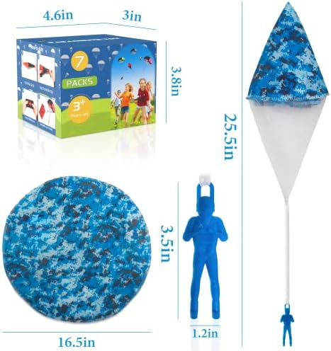 Spectabilis hand thrown tangle free parachute flying toy deployed mid air against blue sky