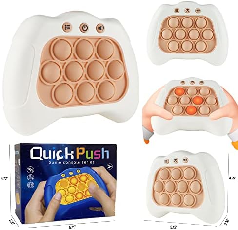 A child happily playing with the white electronic quick push puzzle game on a living room couch.