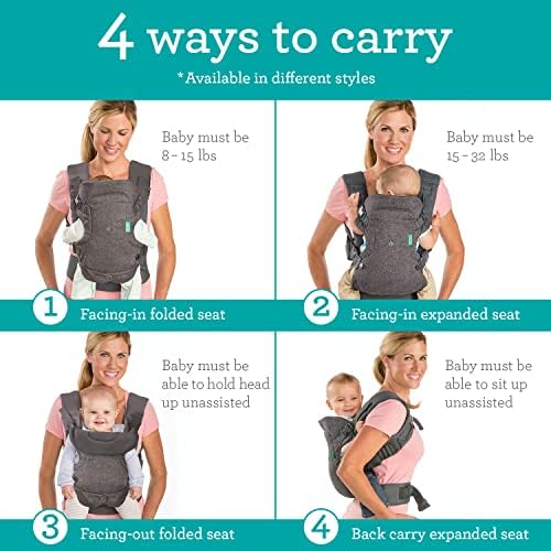 Infantino adjustable ergonomic baby carrier worn in newborn facing-in narrow seat position