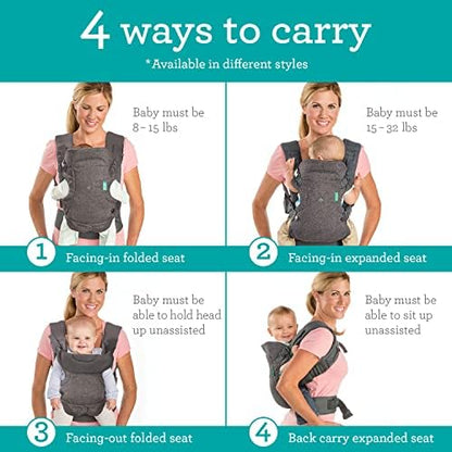 Infantino adjustable ergonomic baby carrier worn in newborn facing-in narrow seat position