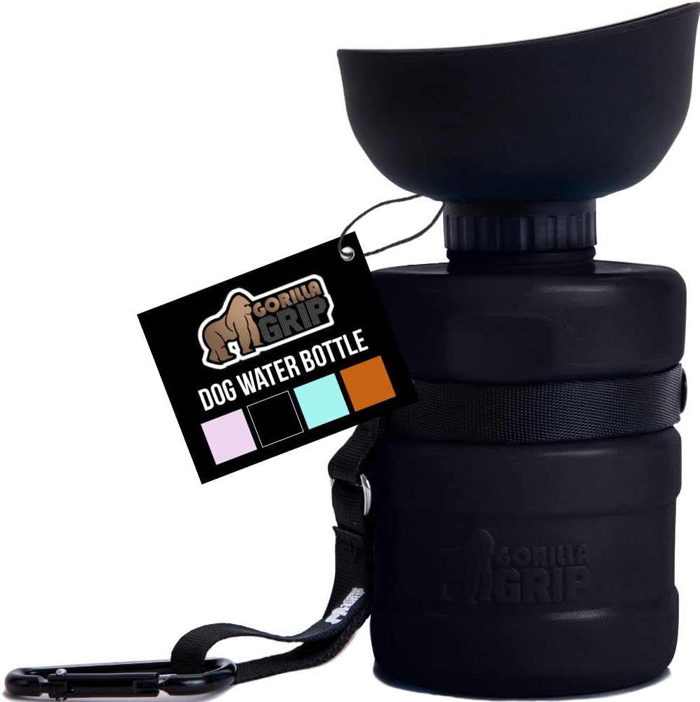 Gorilla Grip portable dog water bottle front view showing the black twelve ounce container and folded silicone bowl cap.