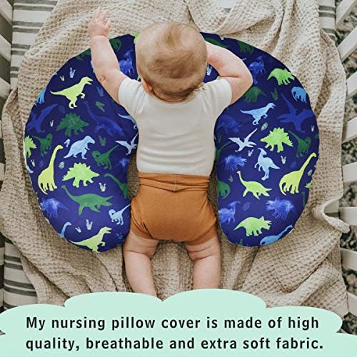 Dinosaur print nursing pillow slipcover on standard baby pillow