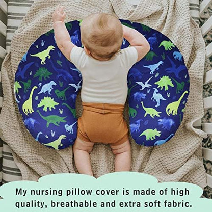 Dinosaur print nursing pillow slipcover on standard baby pillow