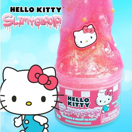 Scented pink glitter slime being stretched to show its smooth texture and color transformation.