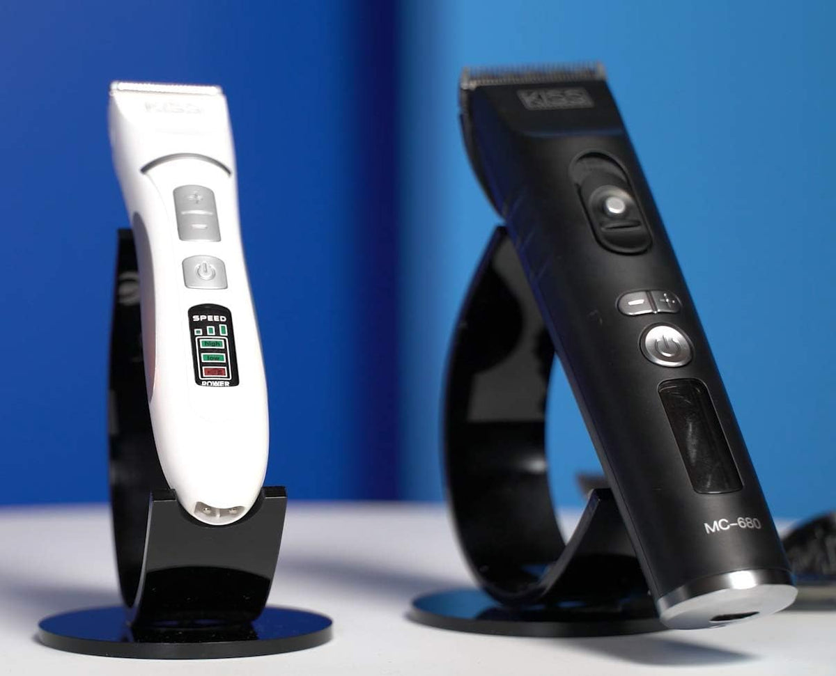 Aeolus cordless pet grooming clipper angled profile highlighting stainless steel blade and compact design
