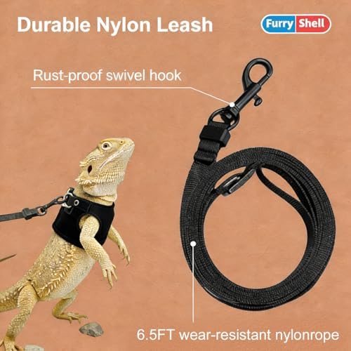 Escape proof black leather lizard harness laid flat demonstrating secure vest design for small pets.