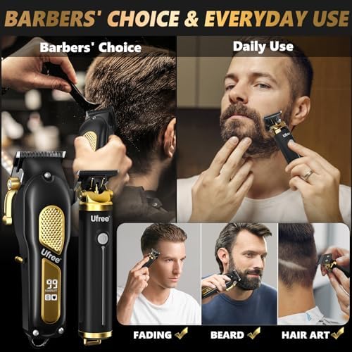 Ufree rechargeable electric trimmer and barber clippers displaying the digital LED battery life indicator screen