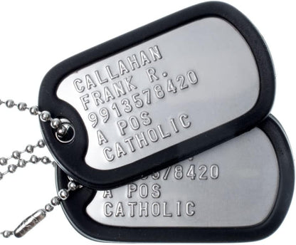 MYDOGTAG personalized US Army dog tags front view featuring embossed stainless steel plates.