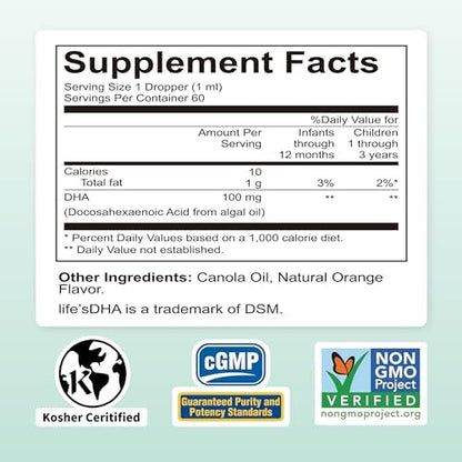 Nature's Nutra Vegetarian DHA Liquid dropper bottle highlighting the natural orange flavor labeling.