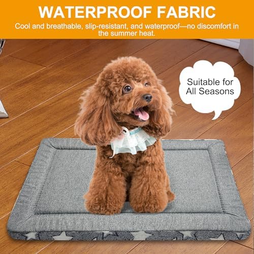 Small grey dog bed pad positioned perfectly inside a metal pet cage