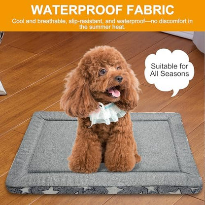 Small grey dog bed pad positioned perfectly inside a metal pet cage