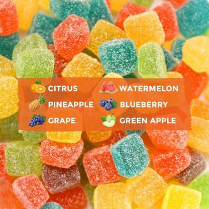 Hooloo hemp gummies jar showing 6 fruity flavors label