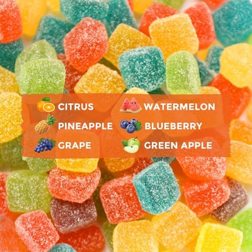 Hooloo hemp gummies jar showing 6 fruity flavors label