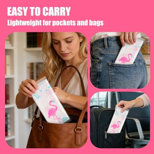 Compact single pouch toilet seat cover held in hand to illustrate portability size