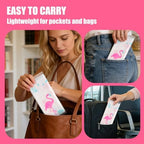 Compact single pouch toilet seat cover held in hand to illustrate portability size