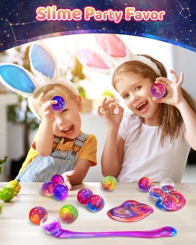 Kidific cosmic slime ball opened up with a child stretching the non sticky multi colored purple and blue glittering putty.
