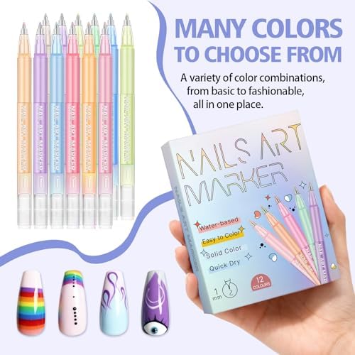 Full set of 12 vibrant nail art pens with cap removed