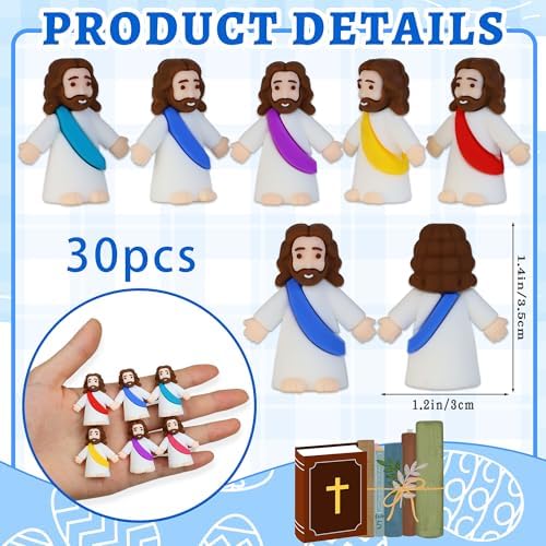 Close up of a durable PVC mini Jesus figurine held between fingers showing the 1.4 inch scale