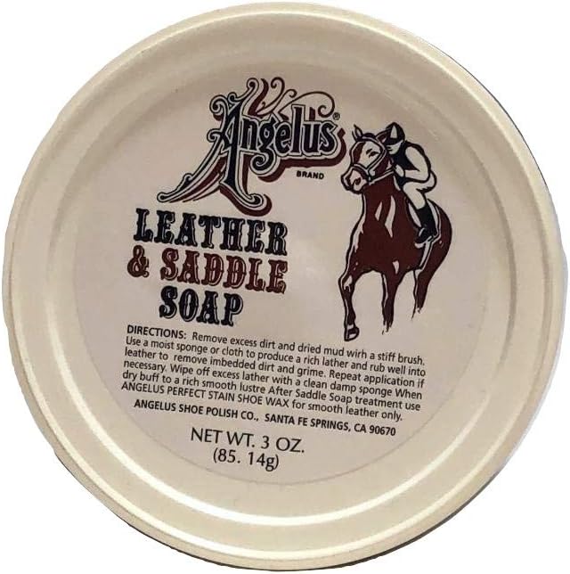 Angelus Leather and Saddle Soap 3 Ounce container showcasing authentic USA imported packaging.