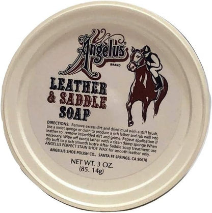 Angelus Leather and Saddle Soap 3 Ounce container showcasing authentic USA imported packaging.