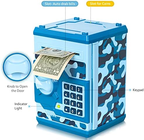 Open vault door view of the kids safe money jar showing the interior storage capacity for coins and paper bills.
