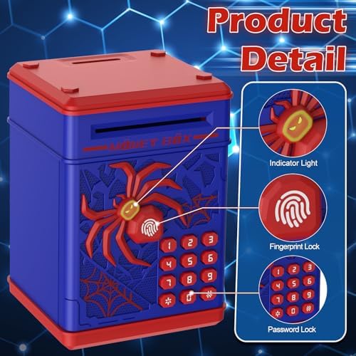 Kids money safe box with simulated biometric fingerprint sensor and secure vault handle detail.