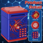 Kids money safe box with simulated biometric fingerprint sensor and secure vault handle detail.