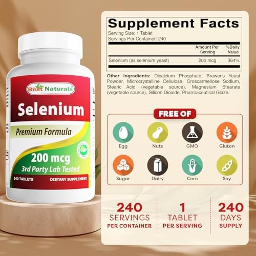 Best Naturals Selenium 200mcg supplement bottle showing premium non-GMO ingredients label