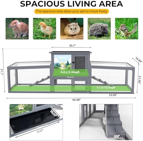 COZIWOW 95inches Extra Large Wood Rabbit Hutch Outdoor Easy to Assemble and Stable Bunny Cage Indoor with Cleaning Tray & Waterproof Roof for Small and Medium Bunny Rabbit ChickGrey with Pattern - Image 4