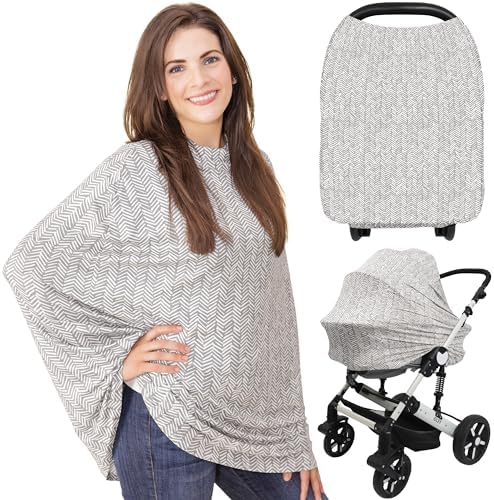 KeaBabies herringbone nursing cover used on a baby car seat