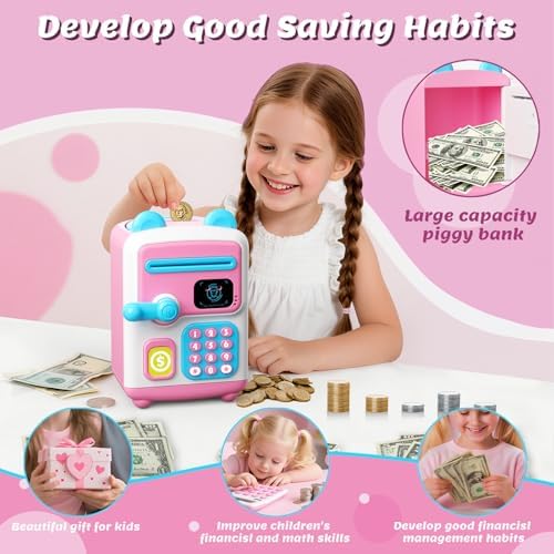 TROTK kids electronic ATM money safe showing a child inserting a paper bill into the automatic rolling mechanism