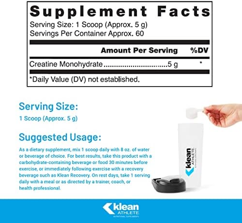 Klean Athlete Klean Creatine supplement container label with key benefits and ingredients