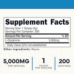 Type Zero L-Glutamine supplement label detailing 5000mg serving size