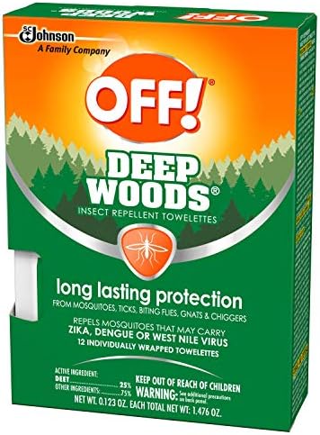 OFF! Deep Woods 25% DEET insect repellent towelettes showing individual foil wrappers.