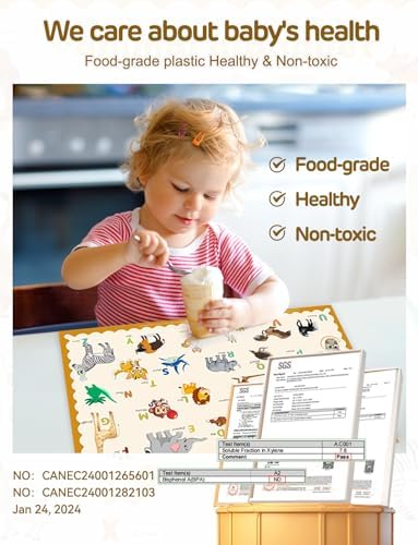 KAshack baby disposable placemats showing 5 educational designs including alphabet and numbers
