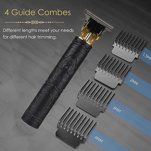 Close up view of the zero gapped stainless steel T blade on the rechargeable grooming trimmer.