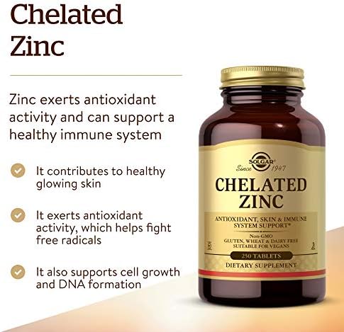 Side profile of Solgar Chelated Zinc 250 tablets showing dietary certifications including vegan and non-gmo.