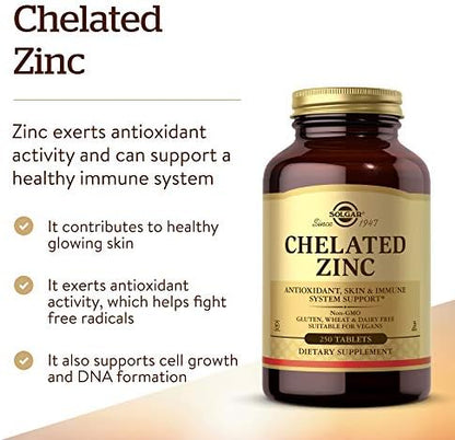 Side profile of Solgar Chelated Zinc 250 tablets showing dietary certifications including vegan and non-gmo.