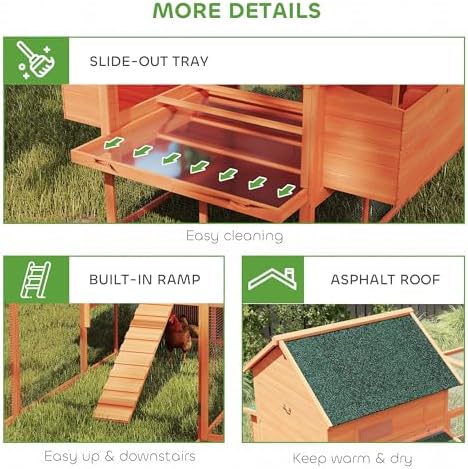 PawHut 137" Chicken Coop for 4-6 Chickens, Large Chicken House, Wooden Poultry Hen Cage with Nesting Box and Run for Backyard, Orange - Image 7