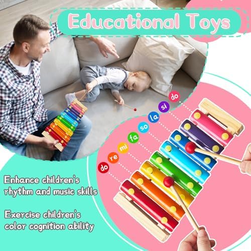 Child safe wooden mallets resting on a colorful rainbow xylophone set.