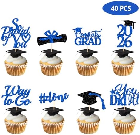 Glitter blue graduation cap cupcake picks for party decoration