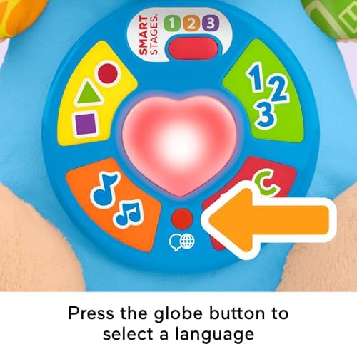 Fisher-Price interactive learning toy puppy close up on the multilanguage selection button