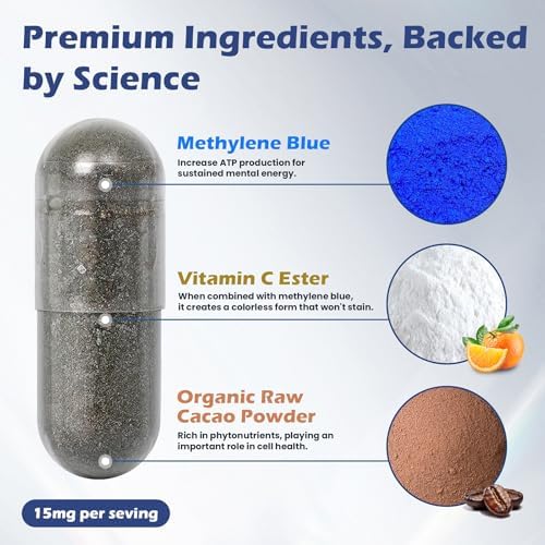 YEMFGQOE Lucemed Methylene Blue dietary supplement bottle with capsules displayed in foreground