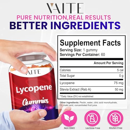 Back label view of VAITE lycopene supplements with directions for visual acuity and skin health.
